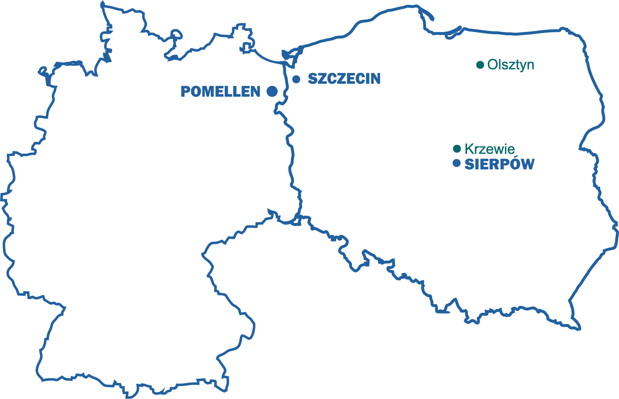 Mapa z zaznaczonymi oddziałami w Sierpowie, Szczecinie i Pomellen, oraz terminalami w Krzewiu i Olsztynie