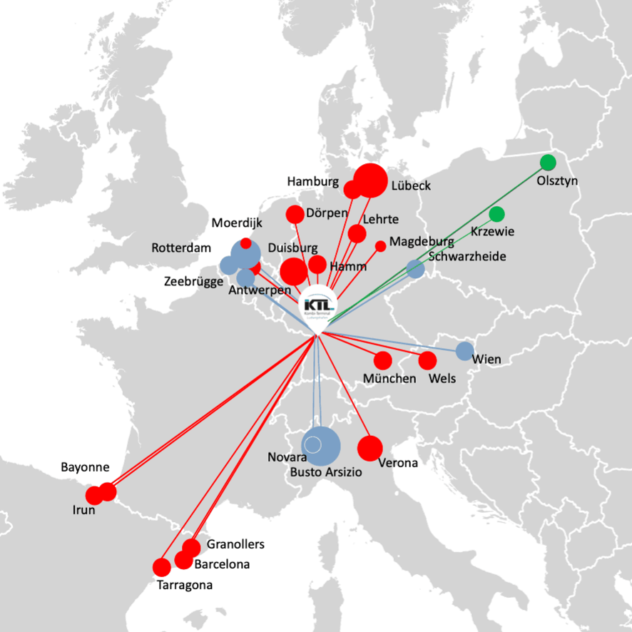 Mapa Europy z zaznaczony KTL Kombi-Terminal Ludwigshafen wraz z połączeniami, które obsługuje w każdym kierunku Europy